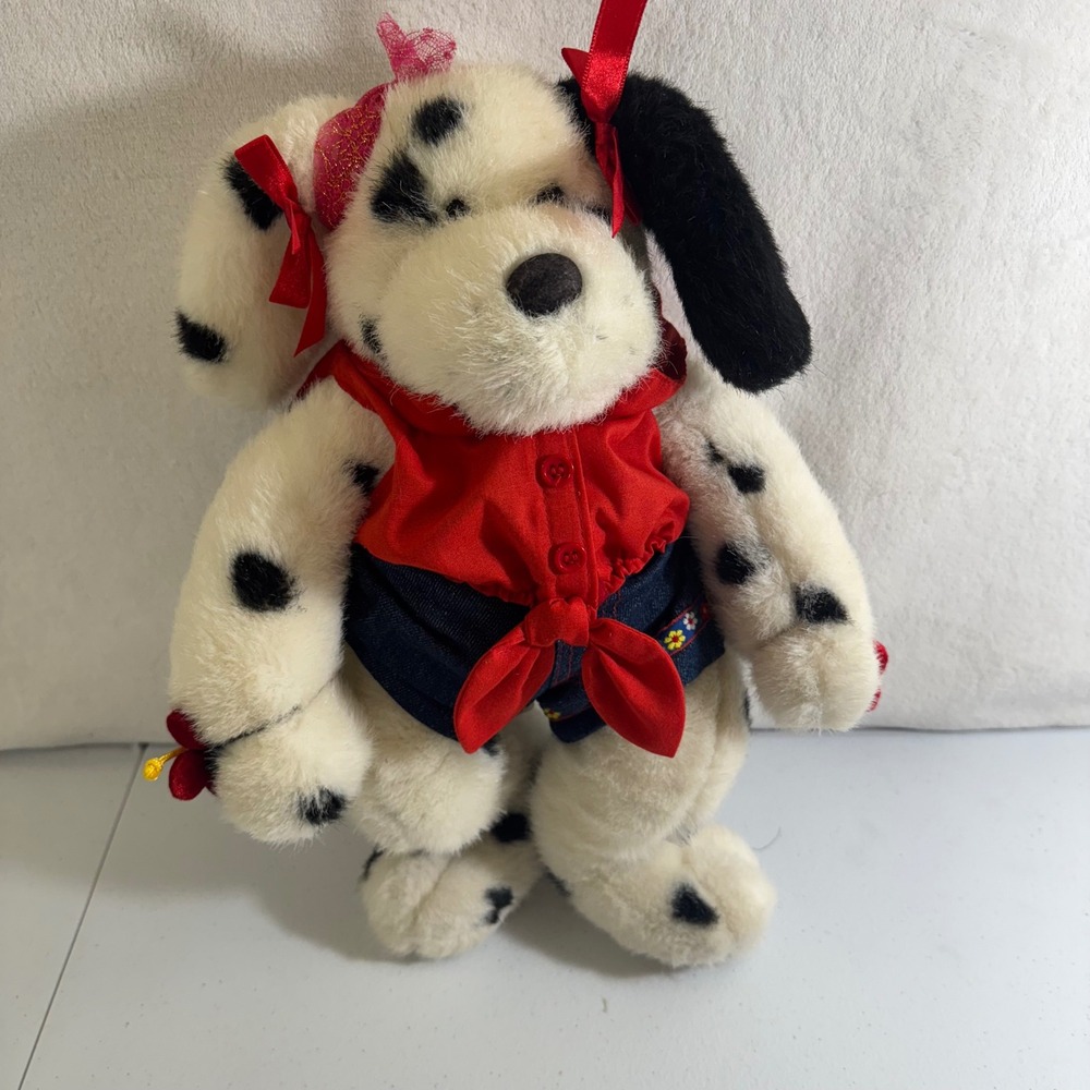 VTG 97 Build a Bear Workshop Dalmatian Plush Dog Red Top Denim Shorts Red Bows